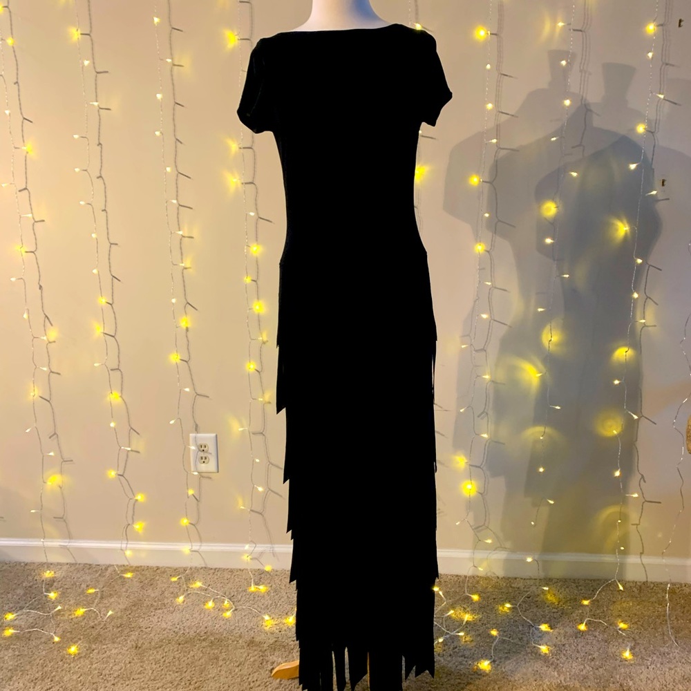 Tadashi Black Stretch Dress Size Large, Asymmetric, Flapper Style Skirt